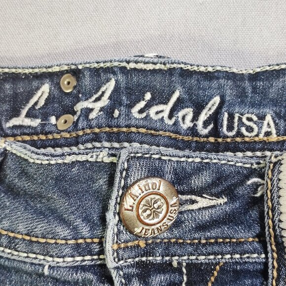 L.A. idol USA jeans flare women's size 3 W28/L34 distressed hard washed blue - Picture 6 of 16